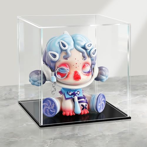 LANSCOERY Acrylic Display Case, 4.7 x 4.7 x 4.7 in Clear Display Box with 2mm Panels, Black Base, LED String Light Accessory for Small Collectibles and Mini Figures - color: Black, size: 4.7x4.7x4.7inch; 12x12x12cm
