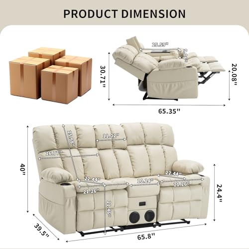 Loveseat Recliner Sofa with Massage & Heat, Flip Backrest, Reclining Loveseat with Console, Bluetooth Speaker, USB/Outlet/Storage/Cup Holder/Side Pocket, RV Sofa, Home Theater Seating, Beige - color: Beige, size: Loveseat with Console