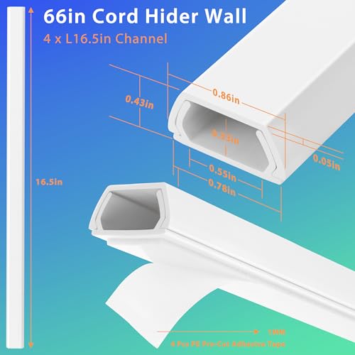 66in White Wire Covers for Cords Kit, Wall Cord Hider, Cord Covers for Wires on Wall, TV Cable Hider Kit, Easy to Install Cable Management 4XL16.5 W0.86 H0.43in - color: White, size: Small-66in