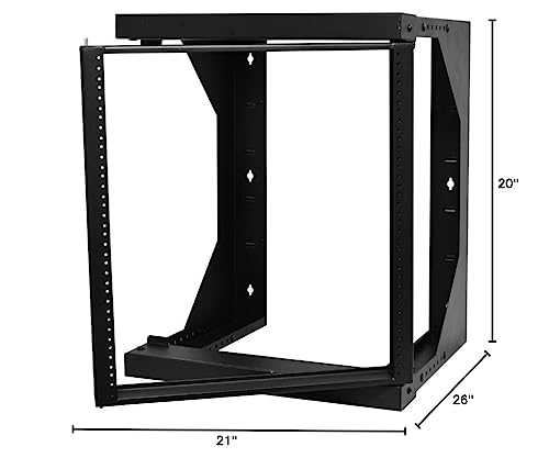 Quest Manufacturing Swing-Out Open Frame Wall Rack, 12 Unit, 2' x 18"-26" x 26"D, Black (SR1921-12-02) - size: 12U, style: 18in-26in Depth