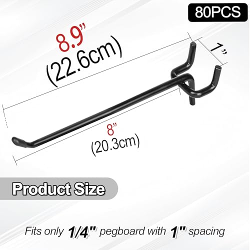 80 Pack 8 Inch Heavy Duty Pegboard Hooks,Extra Thick 1/4" Black Peg Board Hooks for Hanging, Pegboard Accessories for Garage, Kitchen, Gym, Store Wall Organizer - size: 8 inch - 80pcs(Heavy duty)