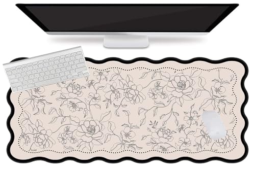 L-SPOUTTO Vintage Floral Mouse Pad,Aesthetic Scalloped Desk Mat XXL Large Gaming Mousepad,35.4x15.7in Non-Slip Keyboard Pad Waterproof Desktop Mat for Laptop Computer Work Game Home Office- Beige - color: Vintage Floral Beige