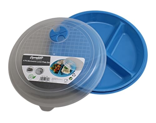4-Pack Divided Microwave Plates with Vented Lids – BPA-Free, Stackable Meal Prep Plates – 3 Section Food Storage – Microwave, Freezer & Dishwasher Safe – 8.75” x 8.75”