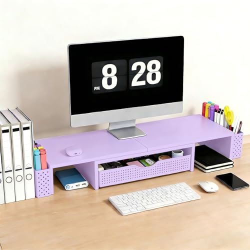 Spacrea Metal Desk Organizers and Accessories, Dual Monitor Stand Riser with Drawer and 2 Pen Holders, Desk Accessories & Workspace Desktop Organizers for Office Supplies (Purple) - color: Purple
