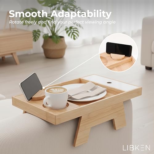 Libken Couch Arm Tray – Rubberwood Sofa Armrest Table with Extra Storage Compartment, Minimal Scandinavian Wooden Design, Fits Multiple Arm Shapes & Sizes – Elegant Couch Armrest Organizer