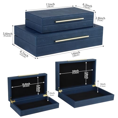 HofferRuffer Faux Leather Decorative Boxes Set of 2, Large Nesting Keepsake Box Accessory Organizer Jewelry Organizer with Hinged Lid, Stacking Storage Box Container for Home or Office (Navy Blue) - color: Navy Blue