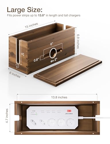 TIDITA Acacia Large Cable Management Box - 15" L Cord Box Hider, Power Strip Box for Office - Cable Hider Box, Surge Protector Box - Wire Box Hider for Desk - 3 Open Slots, Magnetic Lid (Walnut color) - color: Walnut
