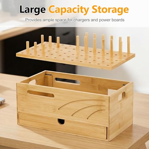 Homde Bamboo Charging Station Organizer: 2 Layer Charger Holder with Drawer for Office Home - Electronic Docking Stand for Multiple Devices, Tablets, Phones - color: Natural