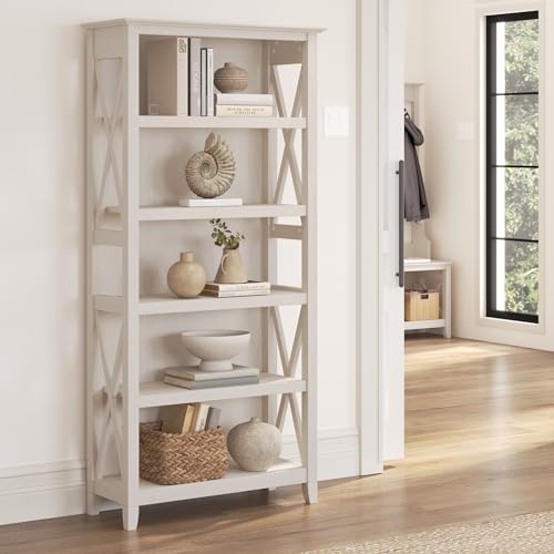 Bush Home Tall 5 Shelf Bookcase for Living Room or Home Office, Large Bookshelf, Modern Farmhouse Style, Key West Collection, Linen White Oak - color: Linen White Oak, size: 5 Shelf
