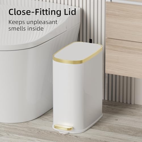 KUK Small Bathroom Trash Can with Lid Soft Close, Step Pedal, 2.6 Gal Stainless Steel Garbage Can with Removable Inner Bucket, Anti-Fingerprint Wastebasket for Office, Bedroom, Toilet (White) - color: Matt White-J-P