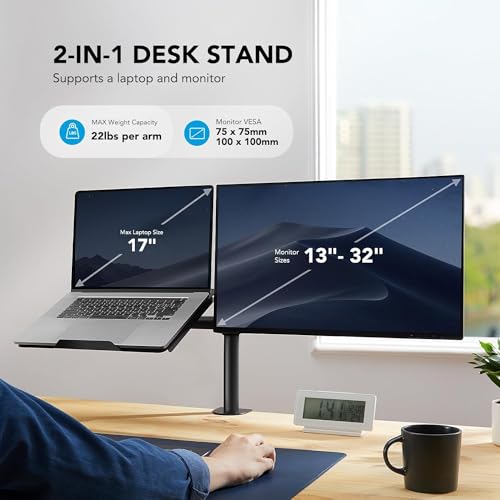 HUANUO Adjustable Monitor Arm with Laptop Tray, Single Desk Mount for 13-32" VESA Monitors up to 22 lbs, 14" x 12" Laptop Tray