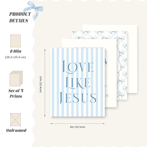 LARTSFRO Coquette Blue Bow Jesus Wall Art Decor Posters, Light Blue Bow Christian Room Bathroom Bedroom Dorm Wall Art Decor Aesthetic for College Teen Girls Gifts, Inspirational Bible Verses Bow Wall Decor, 10x8 Inch Set of 4 Bow Pictures(UNFRAMED) - colo