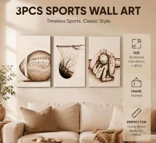 3Pcs Sports Wall Art Football Baseball Basketball Theme Painting Picture Wall Decor Vintage Sport Poster Print Artwork for Boy Room Playroom Bedroom Gameroom Home Decoration - color: Vintage Ball, size: 16" × 24" Canvas