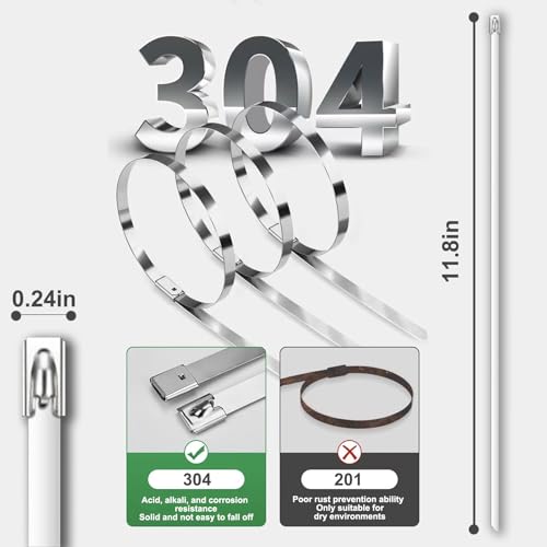 100-Pack Metal Zip Ties 11.8 inch, Heavy Duty 304 Stainless Steel Self-Locking Cable Ties for Outdoor Use, Multifunctional Cable Ties for Exhaust Wrap, Chain Link Fence Parts, Farms, Pipes - color: 100pcs