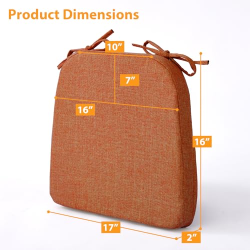 Ruqmuis Chair Cushions for Dining Chairs, 2" Thick Seat Cushions for Kitchen Chairs, D-Shaped Chair Pads with Washable Cover, Ties and Non Slip Backing, 17'' x 16'', Set of 4, Orange - color: Orange, size: 4 Count(Pack of 1)