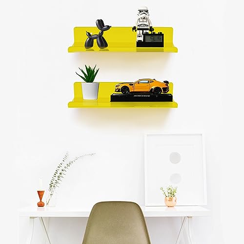 ROYALITA Small Acrylic Shelves Wall Mounted | Set of 2 | 12 Inches | Wall Hanging Plant Display Shelves, Room Decor Floating Wall Shelves for Gaming Room Bedroom, Living Room, Office, Yellow - color: Yellow, size: 12 Inch