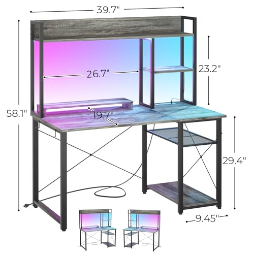 Cyclysio Gaming Desk with Hutch, 39'' Computer Desk with LED Lights & Power Outlets, Home Office Desk with Reversible 5 Tiers Storage Shelves & Monitor Stand, Small Gaming Table for Small Space, Grey - color: Grey, size: 39 inch