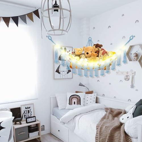 CERETIA Stuffed Animal Hammock with LED Light, Large Stuffed Animals Storage Corner Plushie Net for Kids Room Decor, 2 Packs Baby Blue - color: Baby Blue, size: Large-(Package of 2)