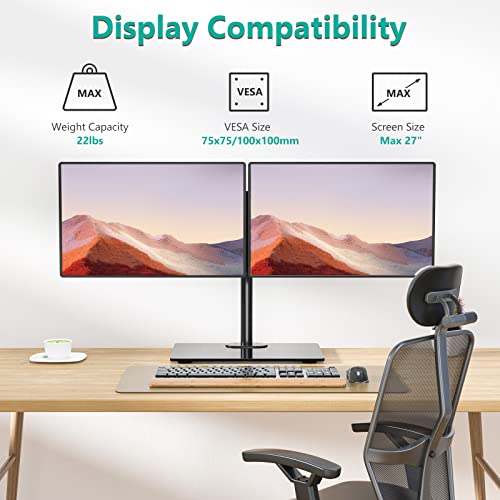 WALI Free Standing Dual Monitor Stand, Height Adjustable Monitor Mount with Glass Base, Fits LCD LED Flat Curved Screen up to 27 inch, 22lbs, with Grommet Base (GMF002) - size: Dual, style: Glass Free Stand