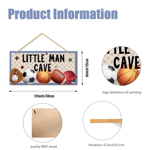 Little Man Cave, Sports Room Decor for Boys Wooden Door Sign Baby Boys Bedroom Wall Decorations for Nursery Toddler Nursery Playroom Wall Art - color: boy cave (sports)