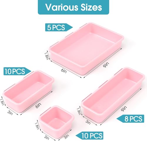 33 PCS Drawer Organizer Set, 4 Size Makeup Drawer Divider Organizer With Non-Slip Pads, Interlocking Plastic Storage Bins for Office,Jewelry Vanity,Gadgets, Bathroom,Kitchen, Pink - color: Pink, size: 33Pack