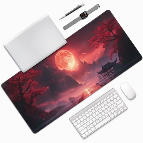 Extended Gaming Mouse Pad, Red Landscape Design, Non-Slip Rubber Base, Stitched Edges, Rectangular, 35.4 x 15.7 Inches - color: red sun