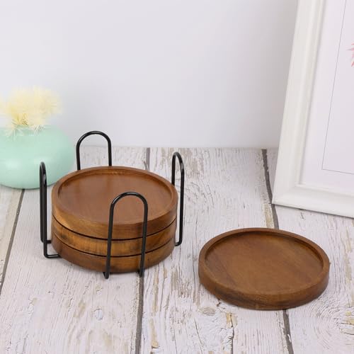 4 Pcs Wood Coasters for Drinks Absorbent, Wooden Coasters with Holder, Drink Coasters for Coffee Table, Absorbent Coaster Set for Table Protection Drink Coasters for Farmhouse, Office, Bar - style: Set of 4