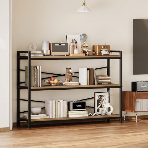 3 Tier Bookcase 47.24" Width, Long Industrial Book Shelf, Vintage Wooden Large Book Shelf for Home Living Room Bedroom Office Storage(Light Coffee) - color: Light Coffee, size: 3 Tier - 47.2" W