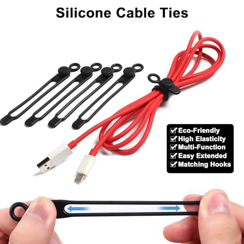 48Pcs Cord Organizer Kit, Reusable Elastic Silicone Cable Ties, Strong Adhesive Cable Clips for Cable Management, Multipurpose Wire Management for Bundling and Fastening Various Wires (Black) - color: Black-48pcs