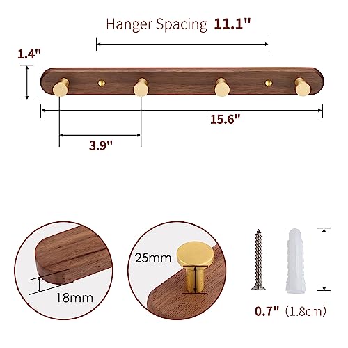 Wall Mounted Coat Rack, Entryway Hanging Rack, Metal Wood Coat Rail with 4 Rustic Hooks for Scarf, Bag, Towel, Key, Cup, Hat - Walnut Gold Matt - size: 4 Hooks - Round Shape