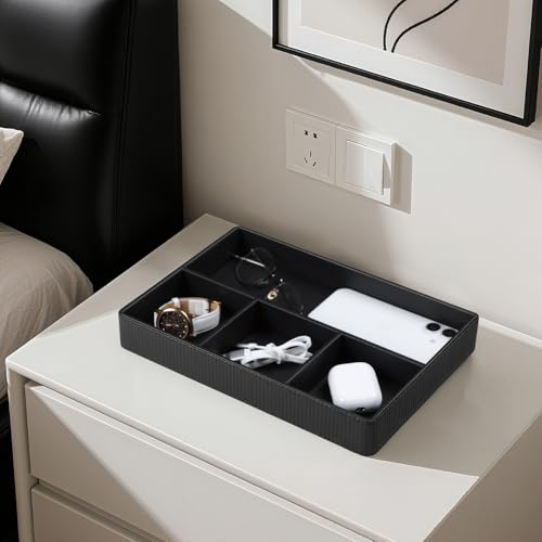 PU Leather Valet Tray, Decorative Trinket Vanity Desk Drawer Organizer Tray, Perfume Dish Catch All Bowl for Keys, Nightstand Drawer Organizer Women Men with 4 Compartments (Black) - color: Black