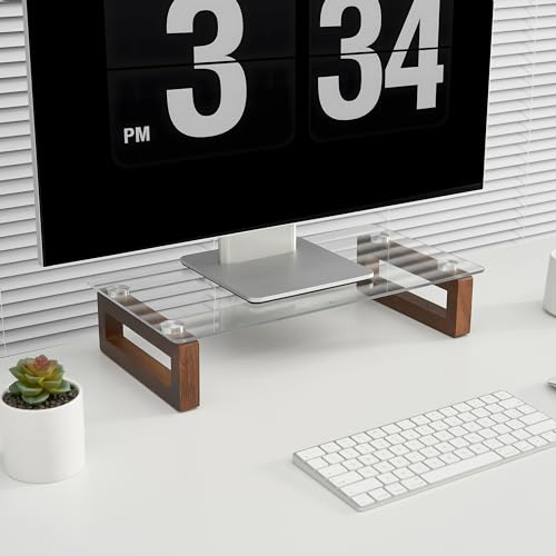 YEOUX Multi-Purpose Desktop Stand, Clear Floating Computer Monitor Riser with Natural Wood Base, Desk Organization Shelf for Printer, Laptop, Audio Device, Flat Screen - color: Walnut&Clear