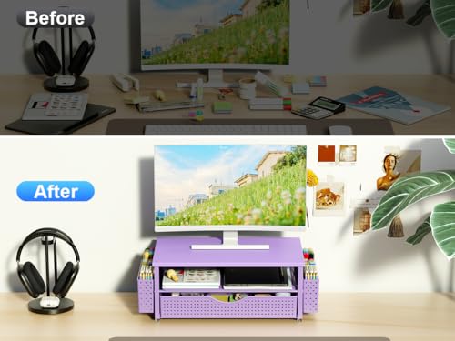 Spacrea Desk Organizer and Accessories, Computer Monitor Stand Riser with Drawer and 2 Pen Holders, Office Desk Accessories & Workspace Organizers for Office Supplies (Purple) - color: purple