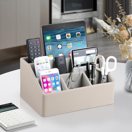 PU Leather Desk Organizer, Luxury Remote Control Holder for Home, Office Desk Accessories Table Caddy Bedside Nightstand Organizer (Dark Beige) - color: Dark Beige