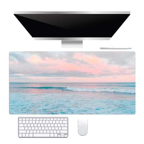 EOBTAIN Blue Beach Large Mouse Pad Coastal Desk Mat Cute Ocean Scene XXL Keyboard and Mouse Pad Desk Accessories for Office Home,Thin and Big Extended Smooth Non Slip Rubber Mousepad,31.5x15.7 Inch - color: Teal