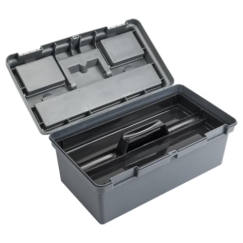 TCMBY 15-inch Tool Box with Removable Tray, Small Parts Box On The Lid is Removable, Tray Can be Removed and Combined at Will (Gray)