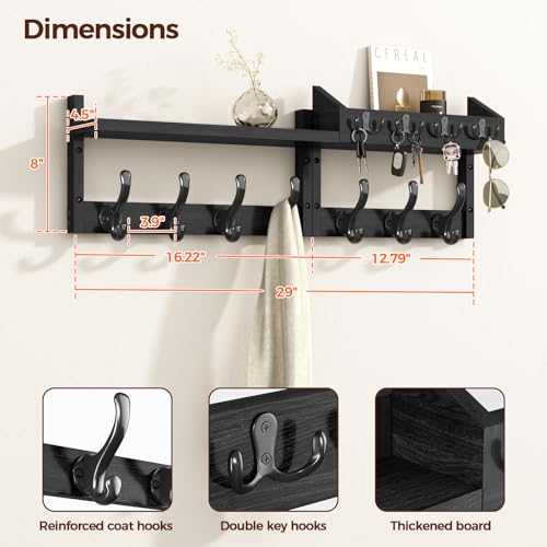 Evermagin 29" Coat Rack Wall Mount with Shelf, 4 in 1 Wall Mounted Coat and Key Hanger with 11 Hooks, Entryway Key Holder with Mail Holder for Living Room, Bedroom, Black - color: Black, size: 29 inch