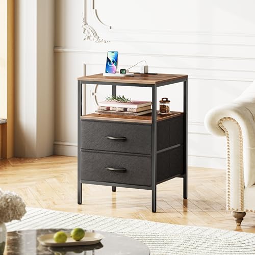 Huuger Night Stand with Charger Station, 27.7 Inch Tall Nightstand, Bed Side Table with 2 Fabric Drawers, Fabric Drawer Dresser for Bedroom, Living Room, Rustic Brown and Black - color: Rustic Brown and Black, size: 11.8"d X 17.7"w X 27.7"h (2 Drawers)
