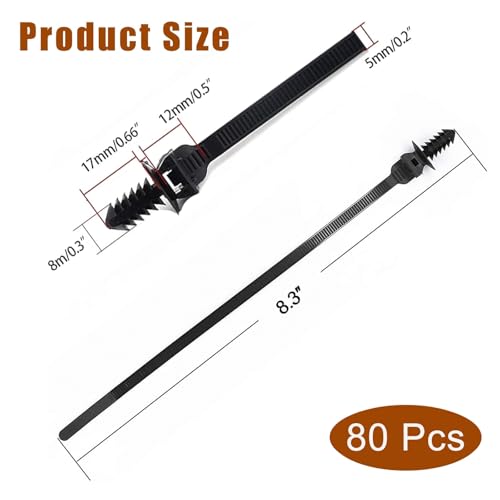 Push Mount Zip Ties, 8 inch Cable Zip Tie Black Wire Tie with Push Pin Fir Tree Zip for Indoor and Outdoor (80 Pack) - size: 8.3x0.2inch (80Pcs)