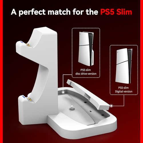 NBCP PS5 Slim Vertical Stand with Dual Controller Charger and LED Indicators for PlayStation 5 Slim Disc & Digital Editions, Includes Headset Holder, Storage Accessory Stand, White - color: White