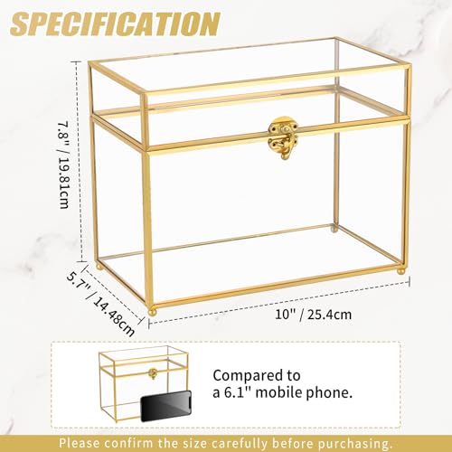 Vintage Gold Glass Jewelry Box, 10 x 5.7 x 7.8 Inch Large Clear Rectangular Keepsake Box with Lid, Decorative Glass Display Organizer for Rings, Bracelets, Earrings, Trinkets
