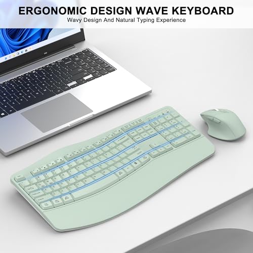 Wireless Keyboard and Mouse Combo, 2.4G Full Size Wave Keys Ergonomic Keyboard with Wrist Rest and 3-Level DPI Adjustable Wireless Ergonomic Mouse for Windows, Mac OS Desktop/Laptop/PC(Avocado Green) - color: Green