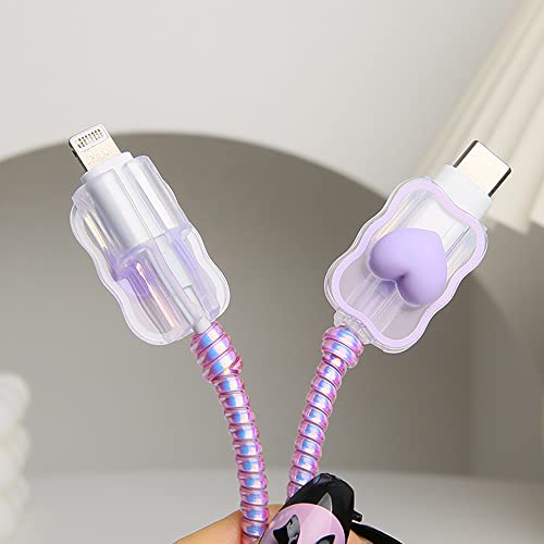 Compatible with iPhone 18W/20W USB-C Charger Cover Lovely 3D Love Heart Waves Clear Soft Charger Protector Cute Cable Saver for iPhone 11 12 13 14 Pro Max Fast Power Adapter, Purple 1 (5in1) - color: Purple 1 (5 in 1)