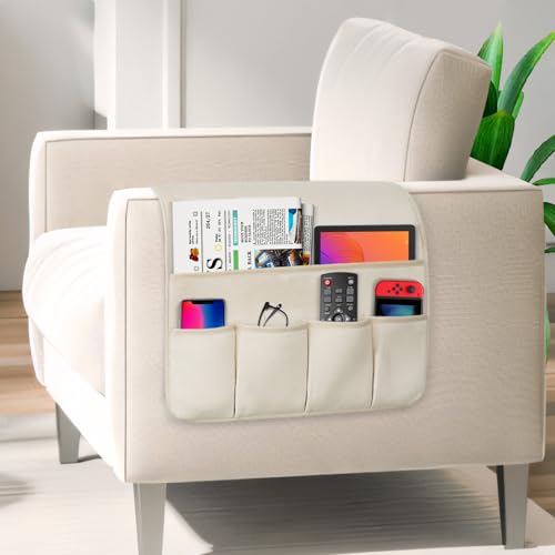 Remote Control Holder for Armchair,Couch Caddy Organizer TV Remote Holder for Bed Storage 5 Pockets,Remote Caddy Bedside Organizer Bedside Table Organizer (Beige, 35''x18'') - color: Beige, size: 35"x18"