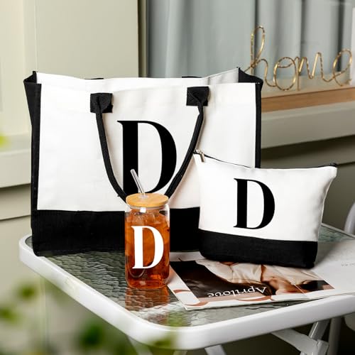 Aliceset Initial Gifts for Women Monogram Canvas Tote Bag and Makeup with Zipper and Initial Glass Coffee Cup Gifts for Her - style: Letter D