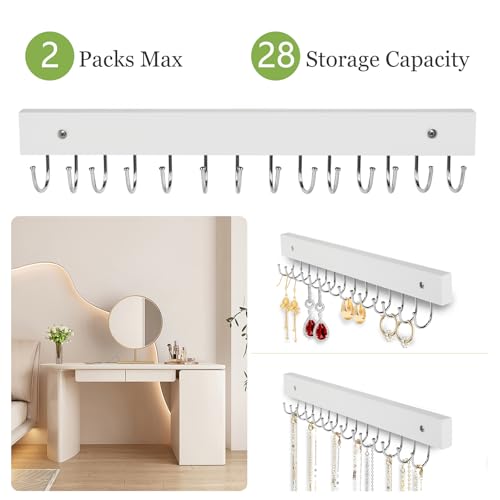 Necklace Holder Wall Mounted Jewelry Organizer - 2 Pack Wooden with 28 Hooks, Hanging Earring & Ring Bracelet Storage, Decorative Space-Saving Jewelry Display (White) - color: White