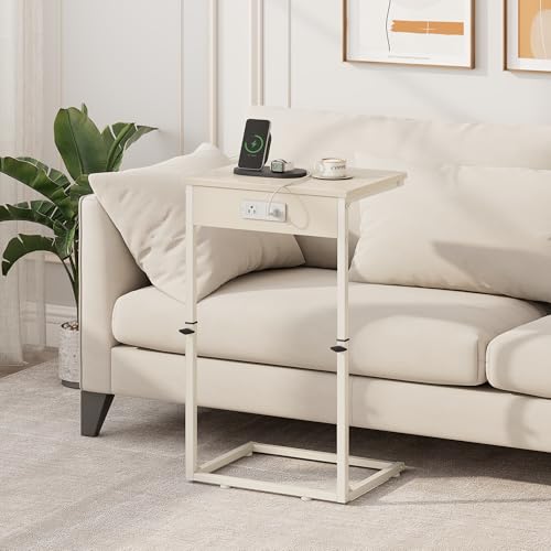 Vagusicc C Shaped End Table with Charging Station, Adjustable Height Side Table for Couch, Small Side Table, 33.2'' Tall Couch Tables that Slide Under, Tv Tray End Table for Living Room, Beige - color: Beige (1 Pack), style: With Plug