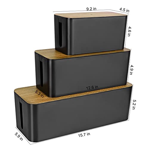 3 Pack Cable Management Box with 18 PCS Cable Management Set - Large & Medium & Small Wooden Grain Cable Organizer Box to Hide Wires & Power Strips | TV Cord Organizer Box | for Home & Office(Black) - color: Wooden Black