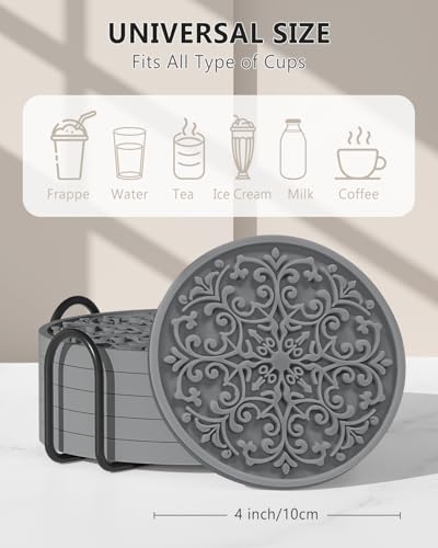 Drink Coasters, Coasters Set of 6 for Cup with Holder, Non-Slip Silicone Cup Mats for Hot and Cold Drinks, Cute Absorbent Coffee Bar Accessories Table Decor, Grey - color: Gray