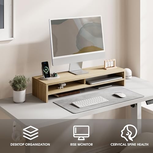 Fenge Monitor Stand, 31.5 Inch Computer Monitor Riser for Desk, 2 Tiers Wood Desk Shelf with Storage, Desktop Organizer for PC, Laptop, Screen, Printer - color: Oak